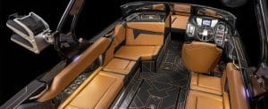 The interior of a Supreme luxury boat with leather seats.