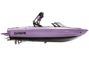 A purple S220 boat featuring the word supreme on it.