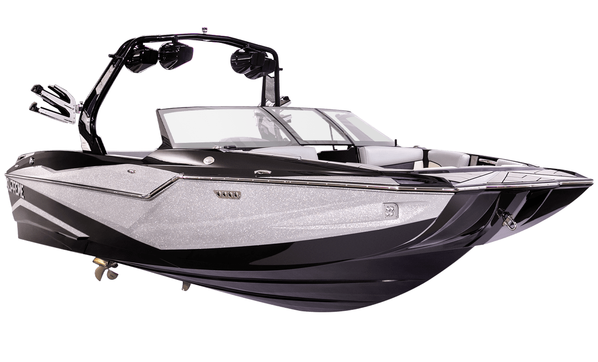 A black and silver Supreme boat on a white background.