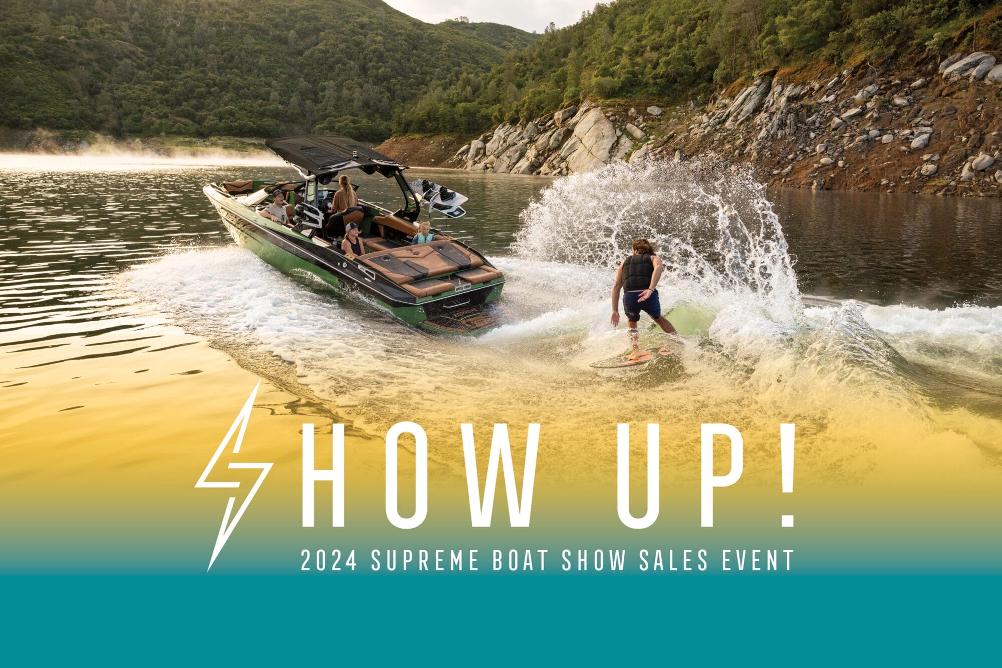 A man is riding a boat with the text show up 2024 supreme boat sales event.